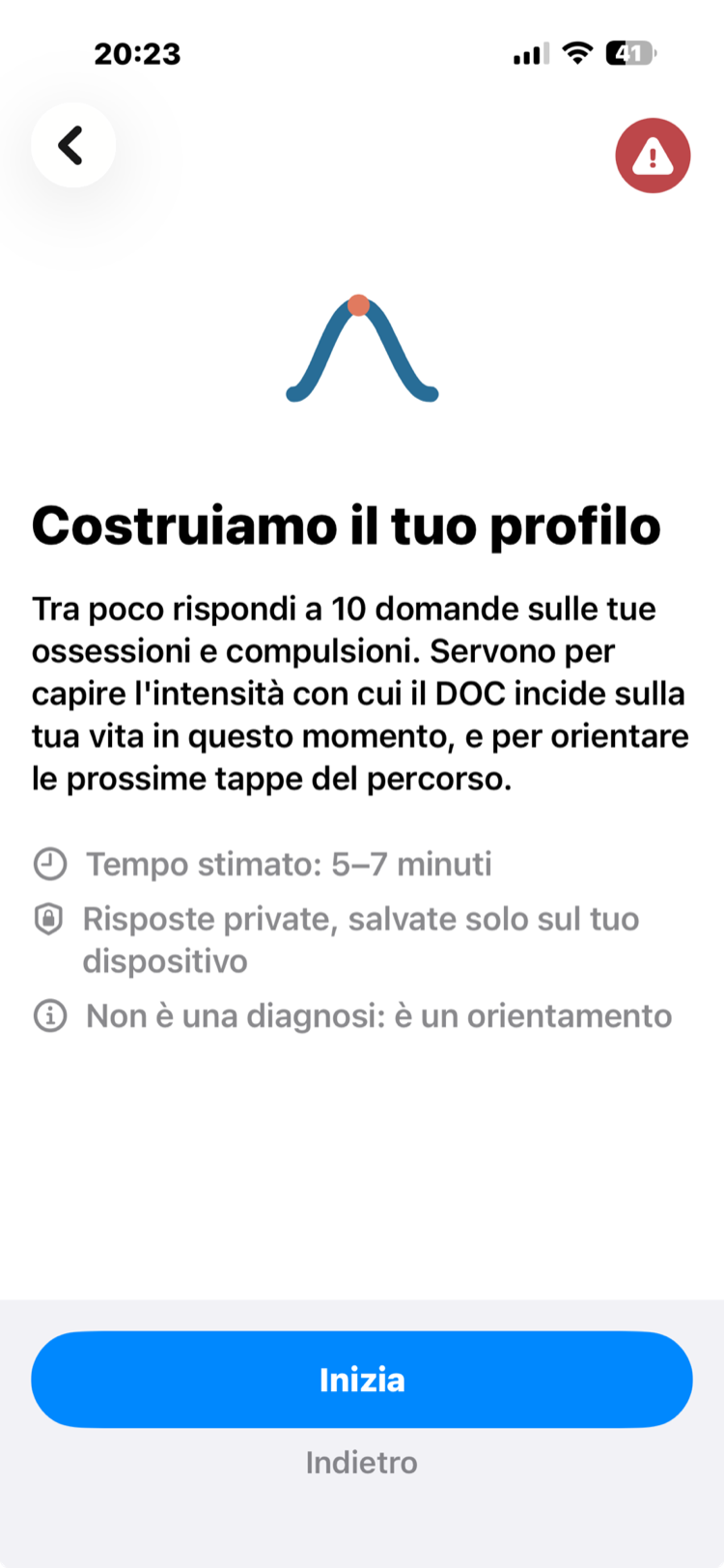 Schermata Costruiamo il tuo profilo: introduzione al questionario Y-BOCS con tempo stimato e disclaimer privacy